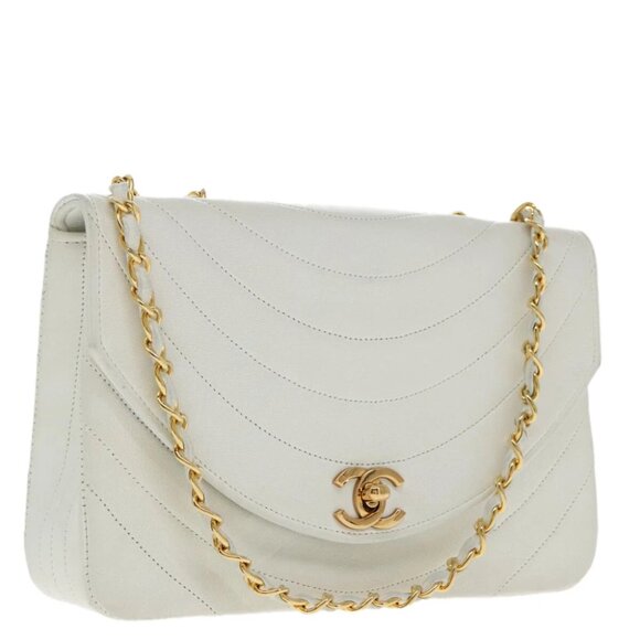 CHANEL Wave Stitch Chain Hand Bag Lamb Skin White Gold CC Auth yk15635AV - Picture 1 of 16